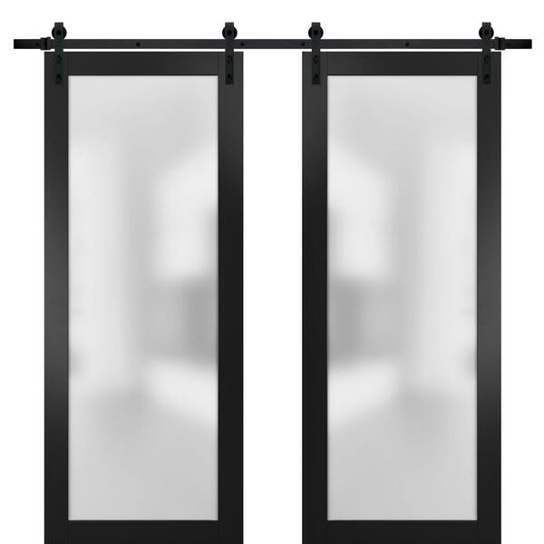 Sartodoors Planum 60 in. x 84 in. Full Lite Frosted Glass Black Finished Solid Pine Wood Sliding Barn Door with Hardware Kit
