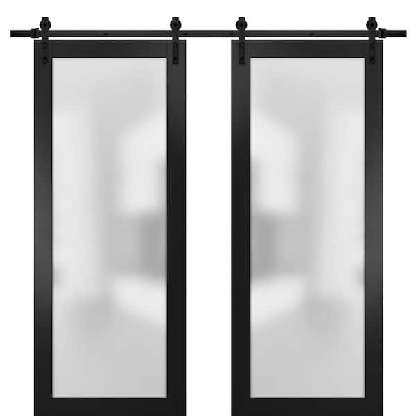 Planum 64 in. x 84 in. Full Lite Frosted Glass Black Finished Solid Pine Wood Sliding Barn Door with Hardware Kit