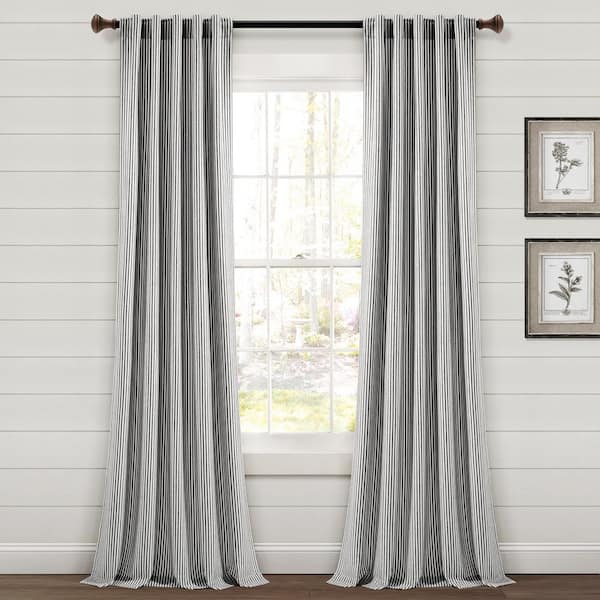 Farmhouse Vintage Stripe Black Cotton 40 in. W x 84 in. L Back Tab/Rod Pocket Light Filtering Curtain (Double Panel)