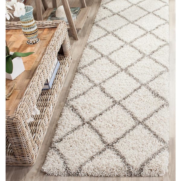 Hudson Shag Ivory/Gray 2 ft. x 10 ft. Geometric Diamonds Runner Rug