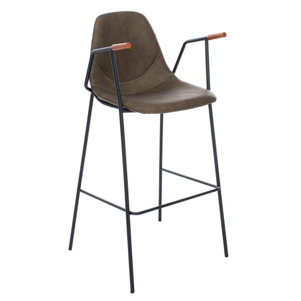 Tanner Transitional Olive Leather Bar Stool with Metal Frame