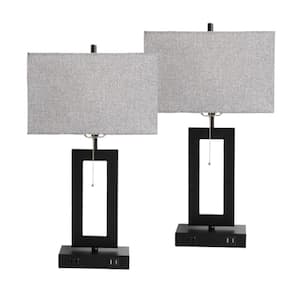 22.5 in. Black Bedside Table Lamp with Gray Linen Shade, 2 USB Ports, Pull Chain Control and AC Outlet (Set of 2)