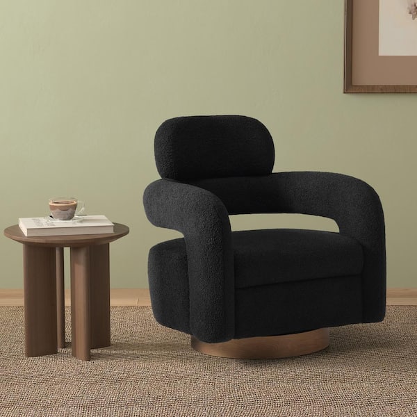 Bayville Modern 29 in. Wide Sherpa Fabric Barrel Accent Chair with 360° Swivel in Black