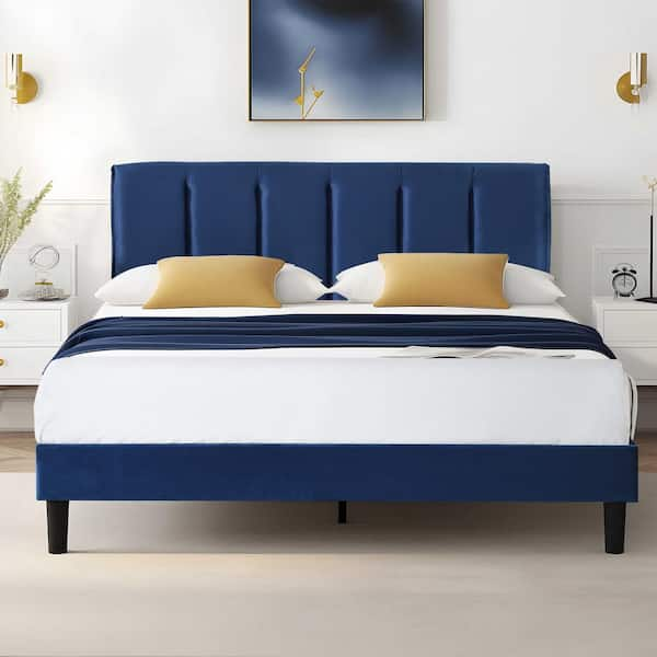 VECELO Upholstered Bedframe, Blue Metal Frame Queen Platform Bed with ...