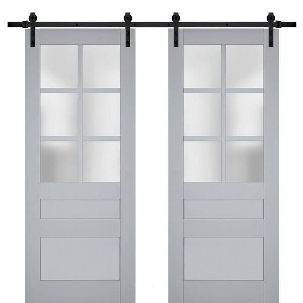 Sartodoors 28 in. x 84 in. 2 Panel Frosted Glass Matte Grey Solid Wood Sliding Barn Door with Hardware Kit