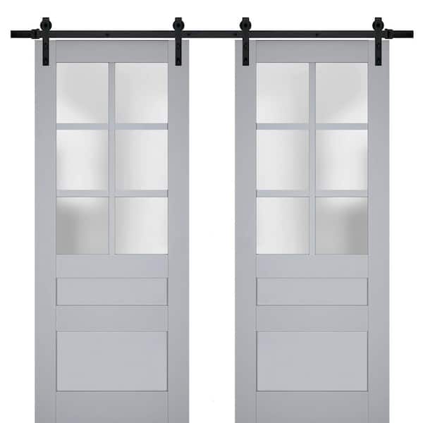 Sartodoors 30 in. x 96 in. 2 Panel Frosted Glass Matte Grey Solid Wood Sliding Barn Door with Hardware Kit