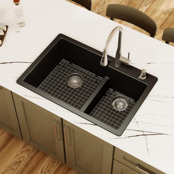 Karran QT-811 Quartz/Granite 33 in. Double Bowl 60/40 Top Mount Drop-in Kitchen Sink in Black with Bottom Grid and Strainer