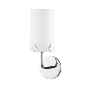 Darlene 1-Light Polished Nickel Wall Sconce with White Belgian Linen Shade