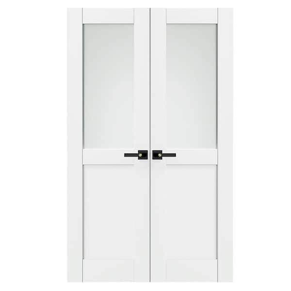 TENONER 48 in. x 80 in. Solid Wood and MDF, Primed, White, 1/2 Lite, Frosted Glass Interior Door Slab With Black Lever Handle