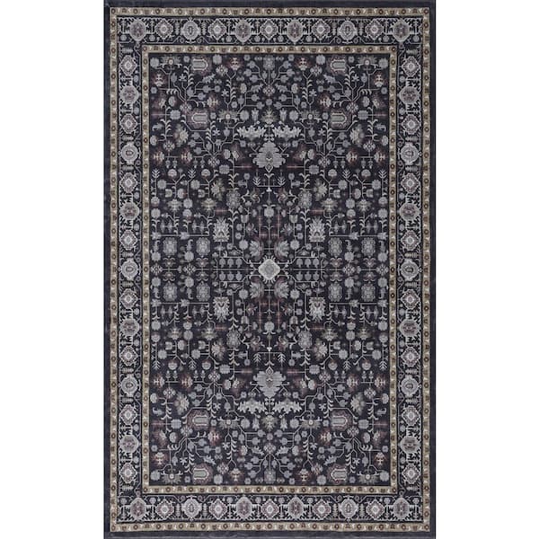 Subtlety Medallion All-Over Floral Border Non-Slip Machine-Washable Charcoal/Ivory 4 ft. x 6 ft. Area Rug