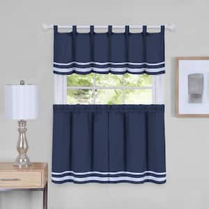 Dakota Navy Polyester Light Filtering Rod Pocket Tier and Valance Curtain Set 58 in. W x 24 in. L