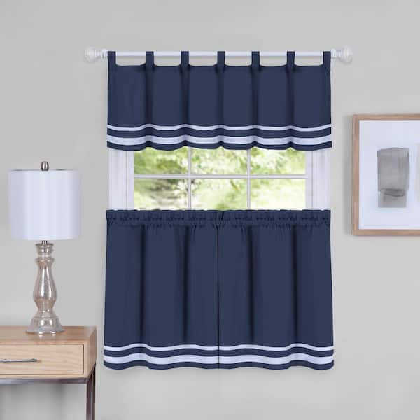 ACHIM Dakota Navy Polyester Light Filtering Rod Pocket Tier and Valance Curtain Set 58 in. W x 24 in. L
