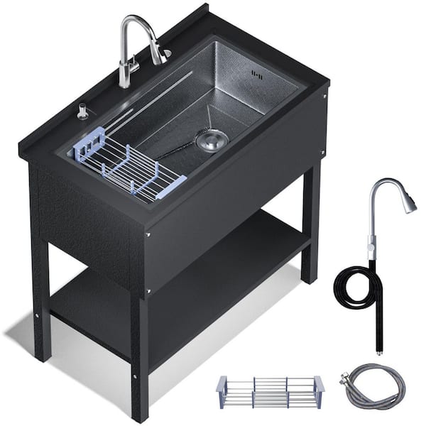35.6 in. Black Stainless Steel 1 Compartment Utility Sink, Laundry Commercial Sink with Pull-Out Faucet Drain Kit