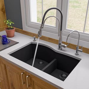 Undermount Granite Composite 33 in. 35/65 Double Bowl Kitchen Sink in Black