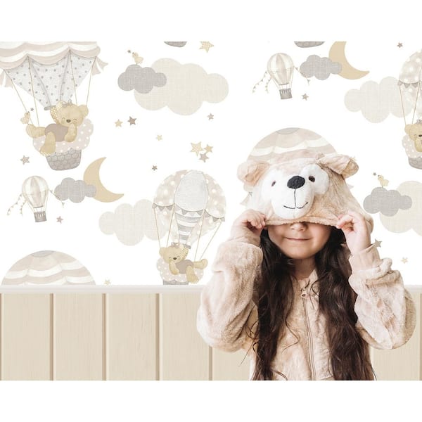Little Explorers 2-Grey Hot Air Balloons and Bears Matte Finish Non-Pasted Non-Woven Wallpaper Roll
