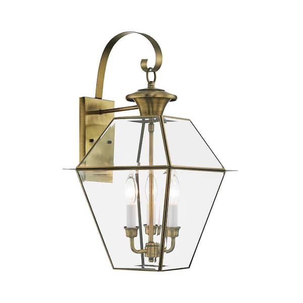 AVIANCE LIGHTING Ainsworth 22.5 in. 3-Light Antique Brass Outdoor Hardwired Wall Lantern Sconce with No Bulbs Included
