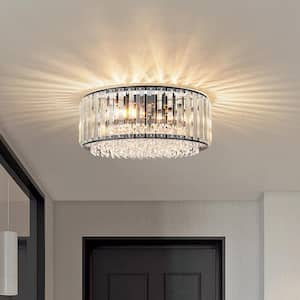 13.78 in. 3-Light Modern Black Round Crystal Flush Mount Ceiling Light