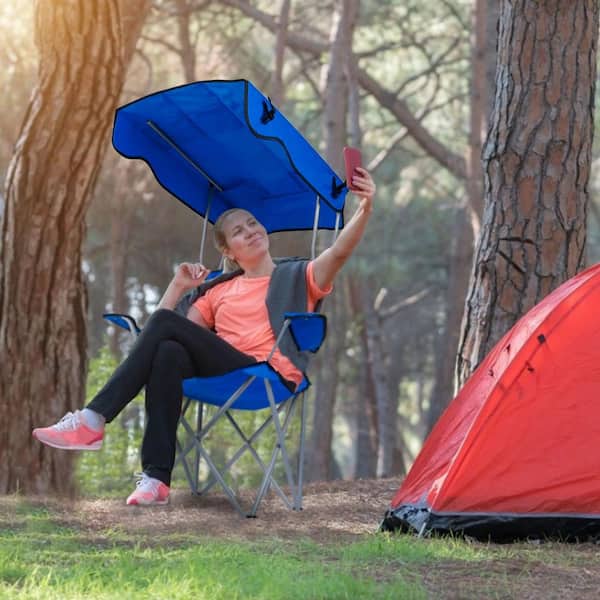 Blue Metal Folding Beach Chair with Canopy Sun Protection Camping Lawn Canopy Chair