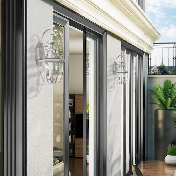 Aston 20.25 in. 2-Light Brushed Nickel Outdoor Hardwired Wall Lantern Sconce with No Bulbs Included