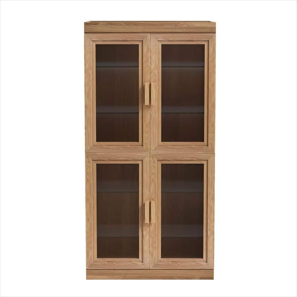 62 in. Tall Natural Wood 4-Shelf Standard Bookcase with Adjustable Shelves, Glass Doors Storage