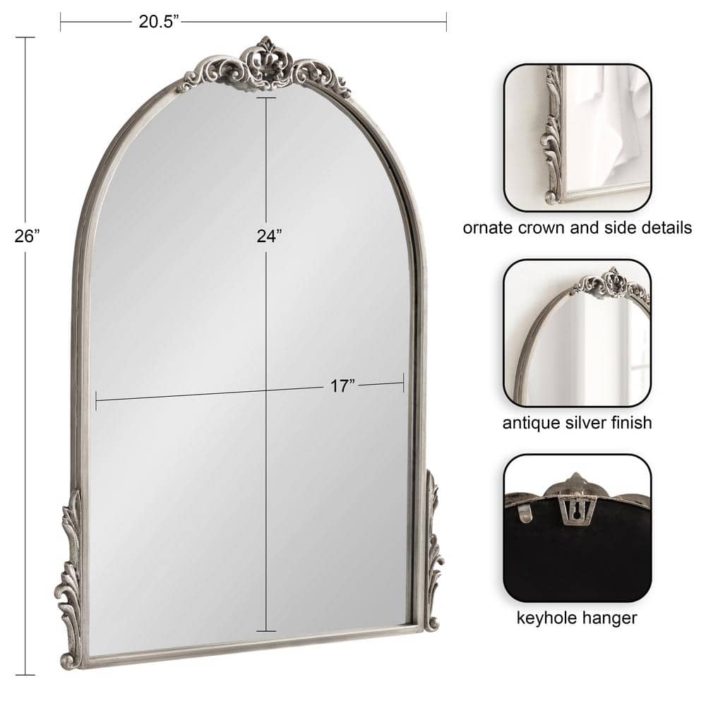 Myrcelle 26" Antique Silver Arched Wall Mirror with Ornate Garland