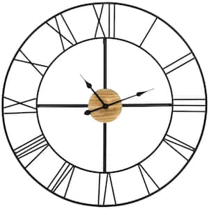 36 in. Black Roman Large Numeral Non Ticking Wood Metal Wall Clock, Classic Farmhouse Style Decor, Battery Operated