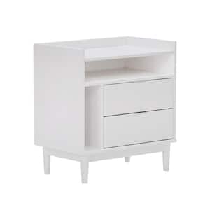 2-Drawer White Solid Wood Mid-Century Modern Nightstand with Tray Top (25.5 in. H x 25 in. W x 16 in. D)