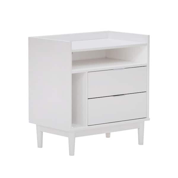 2-Drawer White Solid Wood Mid-Century Modern Nightstand with Tray Top (25.5 in. H x 25 in. W x 16 in. D)