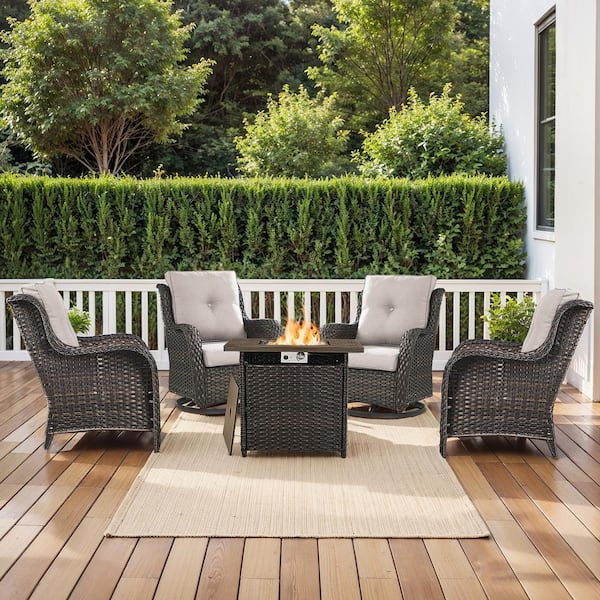 5-Piece PE Brown Wicker Fire Pit Conversation Set with Olefin Beige Cushions and Swivel Glider and Lounge Chairs