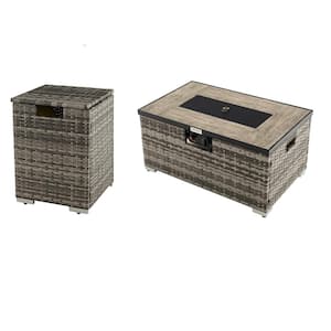 32 in. W x 20 in. H Rectangular Propane Rattan Fire Pit Table Set with Side Table in Gray