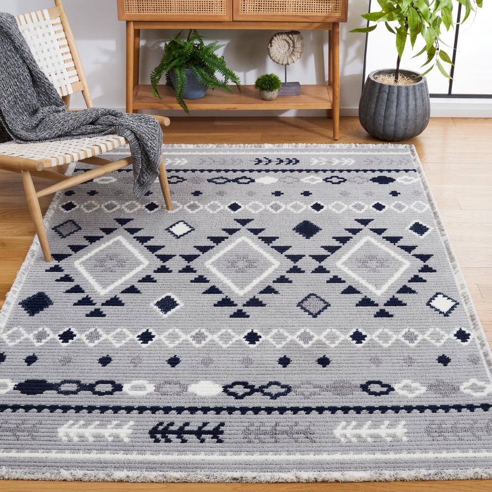 Gray and Navy Rectangular Synthetic Hand-knotted Area Rug, 4' x 6'