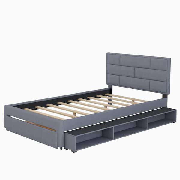 URTR 58 in. W Gray Full Size Linen Upholstered Platform Bed with Drawer and Storage Shelves, No Spring Box Required