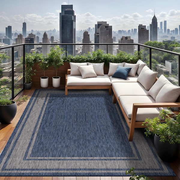 Essence Navy/Silver 10 ft. x 14 ft. Bordered Easy to Clean Indoor Outdoor Area Rug