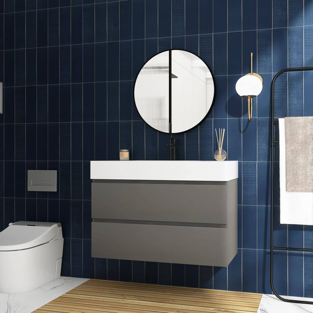 Grey Wall-Mounted Bathroom Vanity with White Resin Sink, 36"