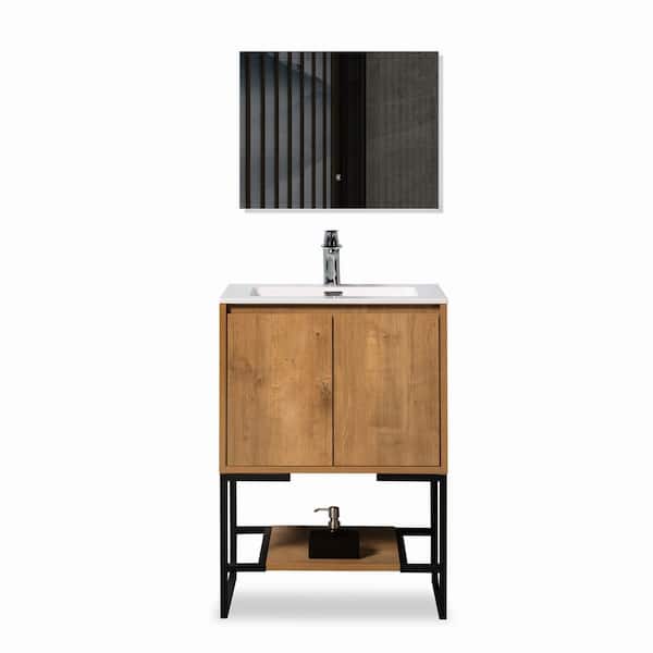 Free-Standing 23.62 in. W x 17.72 in. D x 34.65 in. H. Bath Vanity in Oak with White Solid Surface Top with White Basin