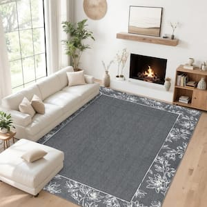 Dark Green 8 ft. x 10 ft. Modern Bordered Print Rug Non-Slip Non