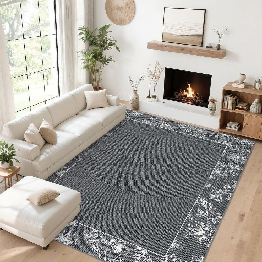 Dark Gray 10 ft. x 13 ft. Modern Bordered Print Rug Non-Slip Non