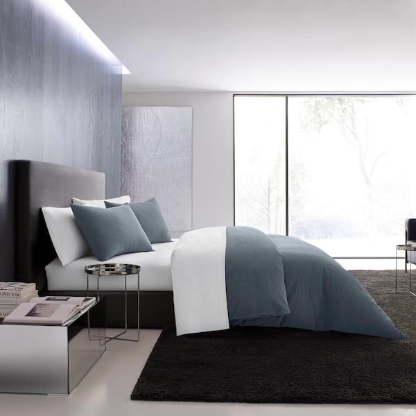 VERA WANG Waffle Pique 3-Piece Blue Solid Cotton Queen Duvet Cover