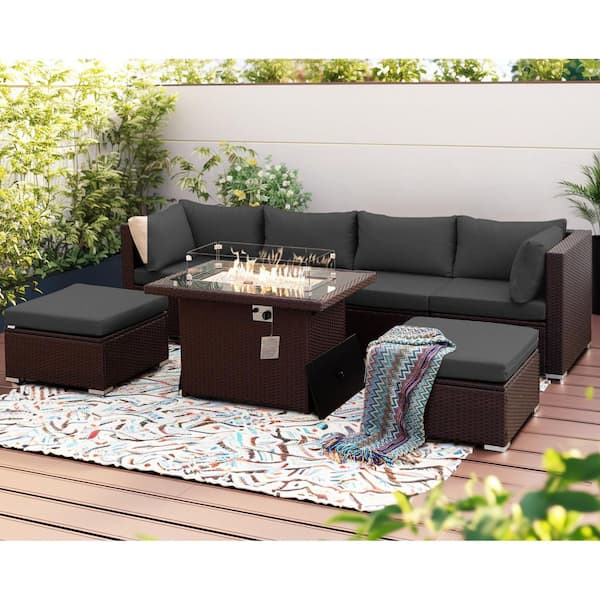 FINCATI Large Espresso 7 Piece Wicker Patio Fire Pit Conversation Sectional Sofa Set with Ottomans and Gray Cushions
