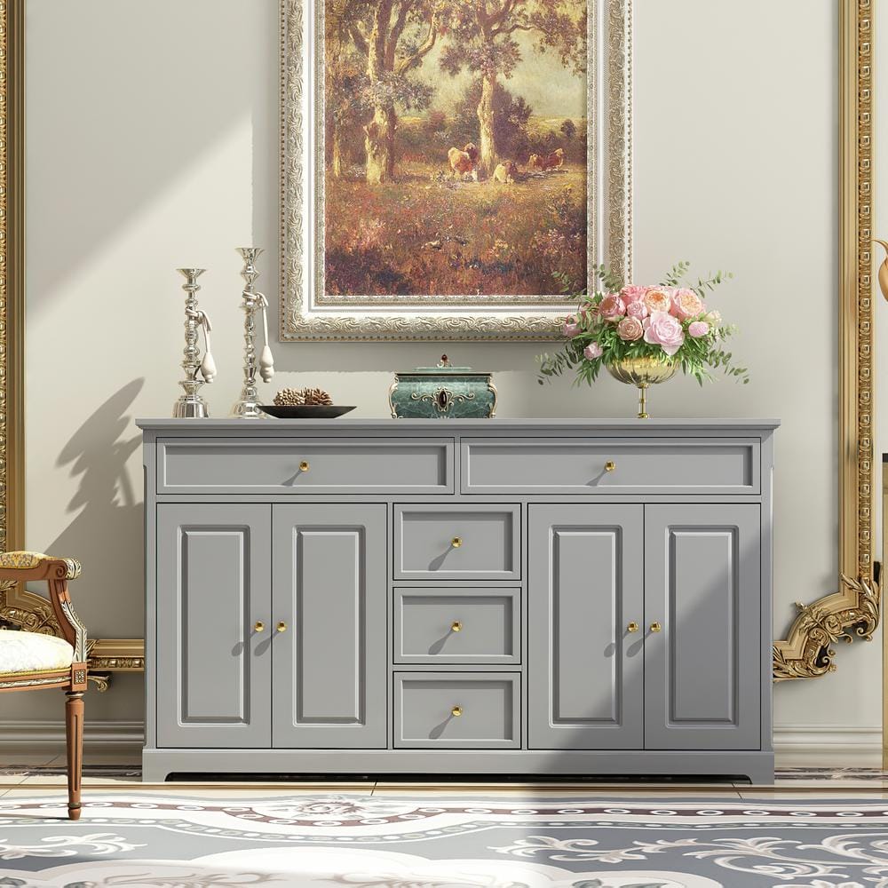 Gray 33.5 in. H Wooden Accent Storage Cabinet with Multi-Function, Drawers, 59.1 in. W x 15.7 in. D