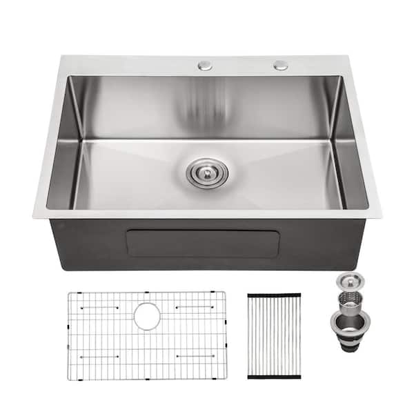 ANGELES HOME 28 in. Drop-In Single Bowl 16-Gauge Stainless Steel Topmount Kitchen Sink in Brushed Nickel with Drain Assembly
