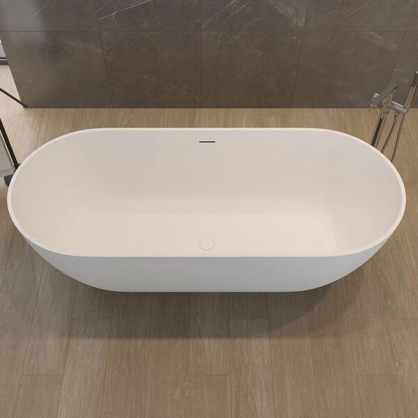 59 in. x 29.5 in. Freestanding Solid Surface Soaking Bathtub with Drain and Overflow in Matte White