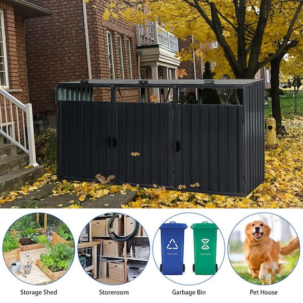 7.87 ft x 2.62 ft Metal Outdoor Bin Shed Stores 3 Trash Cans,Galvanized Steel for Garden Yard Lawn,Black(20.62 sq. ft.)