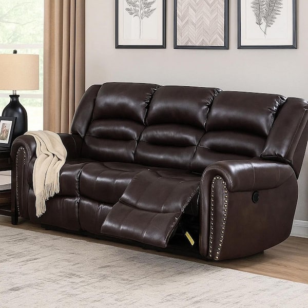 86 in. Round Arm Leather Rectangle Power Recliner Sofa in Brown