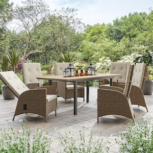 Mackay 7-Piece FSC Teak Wood Rectangle Outdoor Dining Set with Beige Cushions and Self-Storing Butterfly Leaf