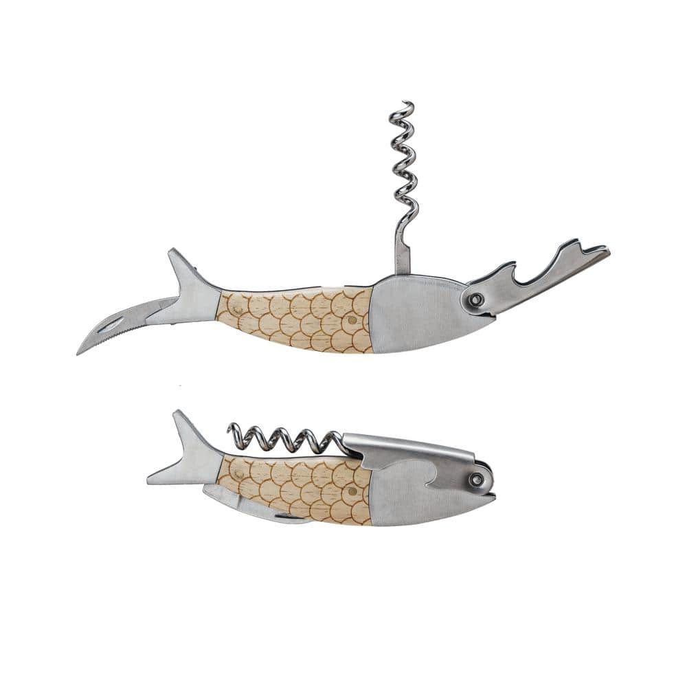 Natural Merbau Wood and Stainless Steel Fish Shaped Bottle Opener