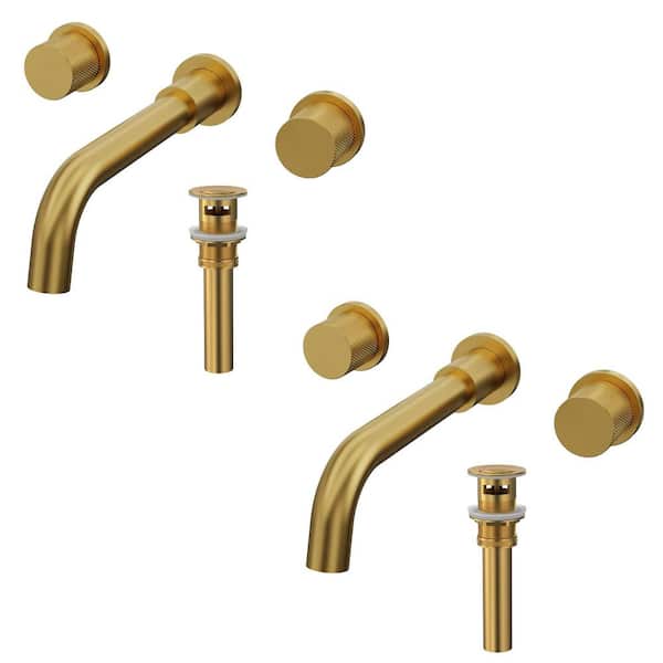 Wall-Mount 8 in. Widespread Double Handle Bathroom Sink Faucet with Spot Resist in Brushed Gold Drain Included(2-Pack)