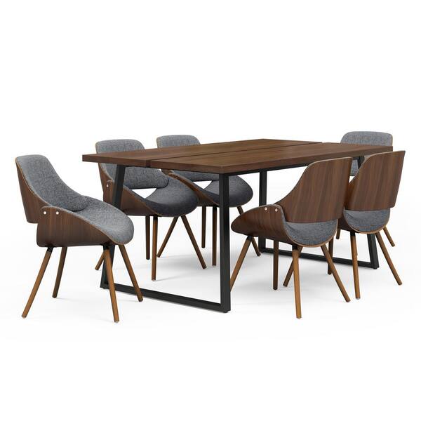 Simpli Home Malden 7-Piece Dining Set with 6-Upholstered Bentwood Dining Chairs in Grey & Natural Woven Fabric & 66 in. Wide Table