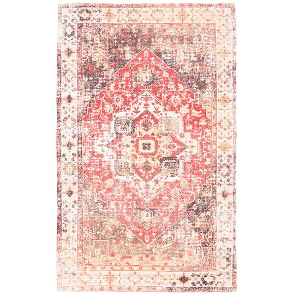 Saffron 3 ft. x 5 ft. Ivory/Red Ornate Distressed Medallion Area Rug