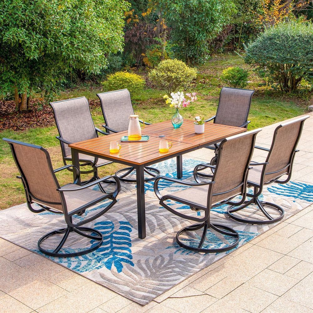 Black 7-Piece Metal Patio Outdoor Dining Set with Straight-Leg Rectangle Table and Textilene Swivel Chairs